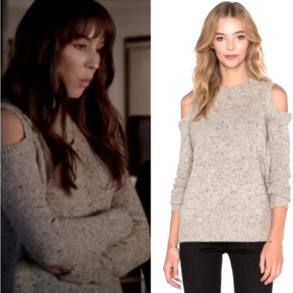 Rebecca Minkoff Marled Charcoal Knit Alpaca Wool Cold Shoulder V-Neck Sweater - Picture 8 of 13